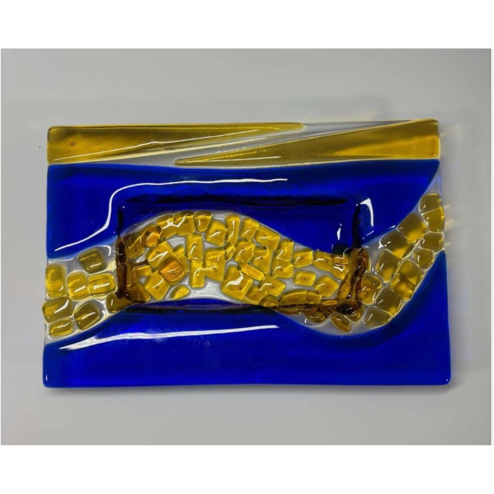 Vintage Fused Art Glass Dish Blue Gold Geometric Decorative‎ Catchall Tray